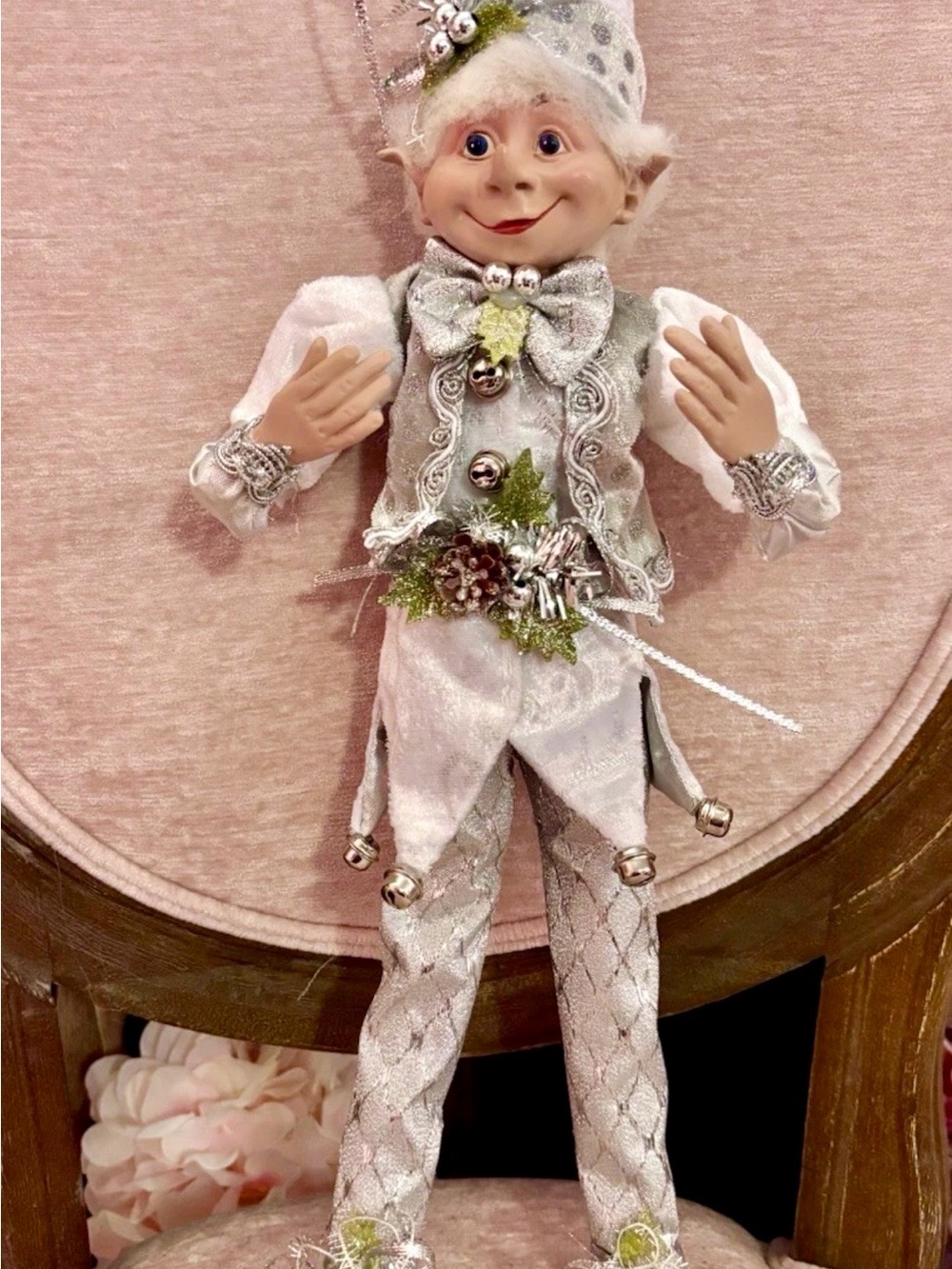 Silver & White Festive Elf Doll with Jingle Bell Accents